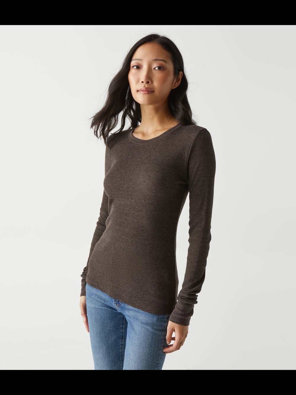 Michael Stars Cashmere Long-Sleeve Ribbed Scoop Neck Top - Brown
